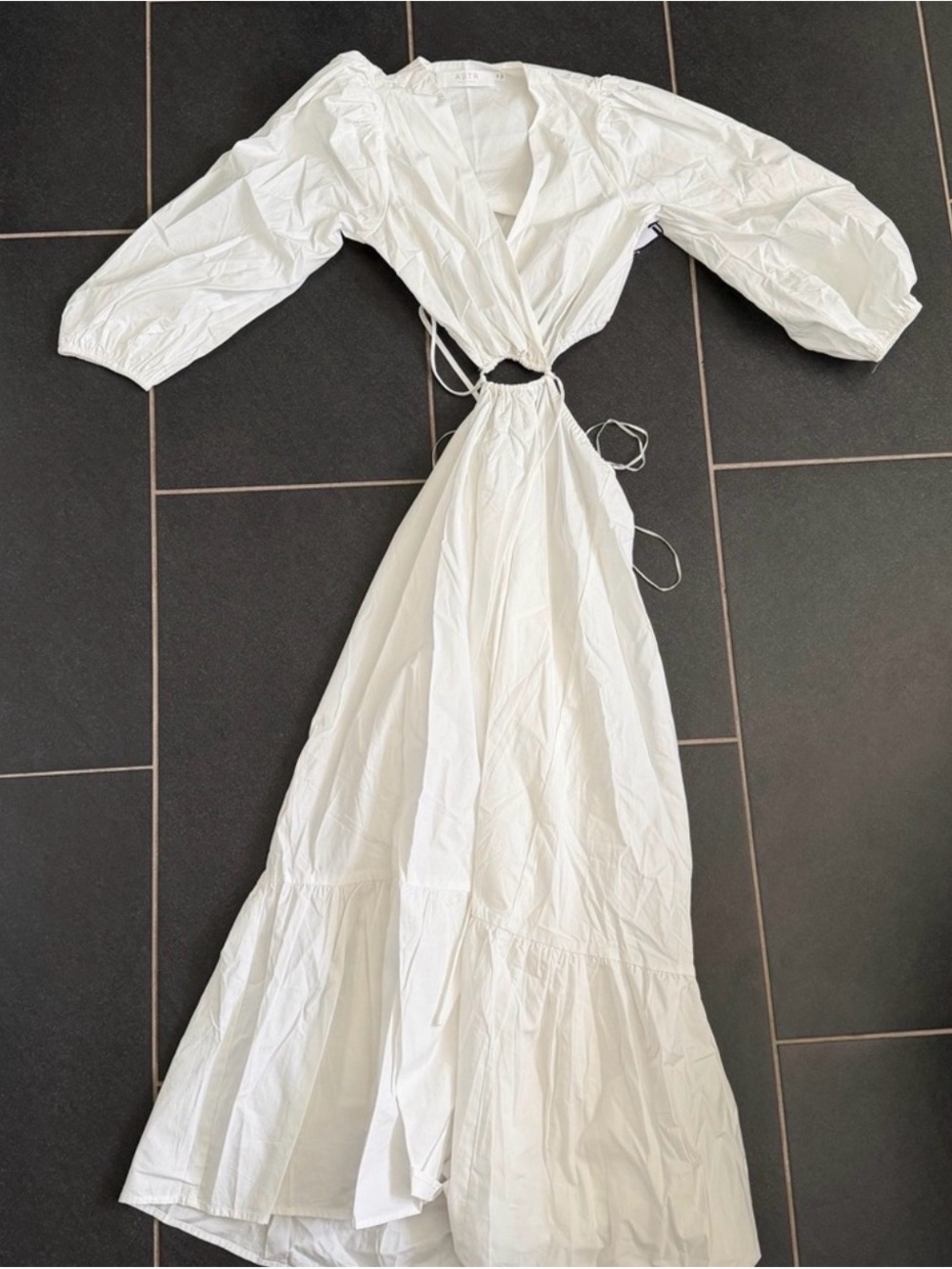 ASTR The Label Rosewood Dress XS White Cotton Cutout Puff Sleeve Midi NWT